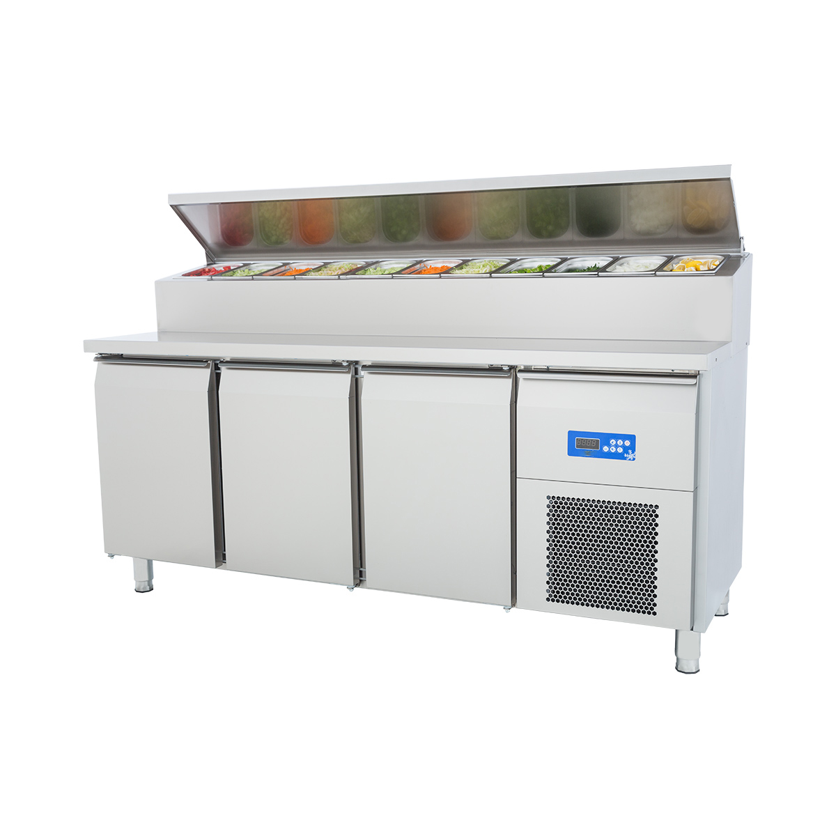 Three Stainless Steel Door Refrigerator with Pizza Preparation TableElectric