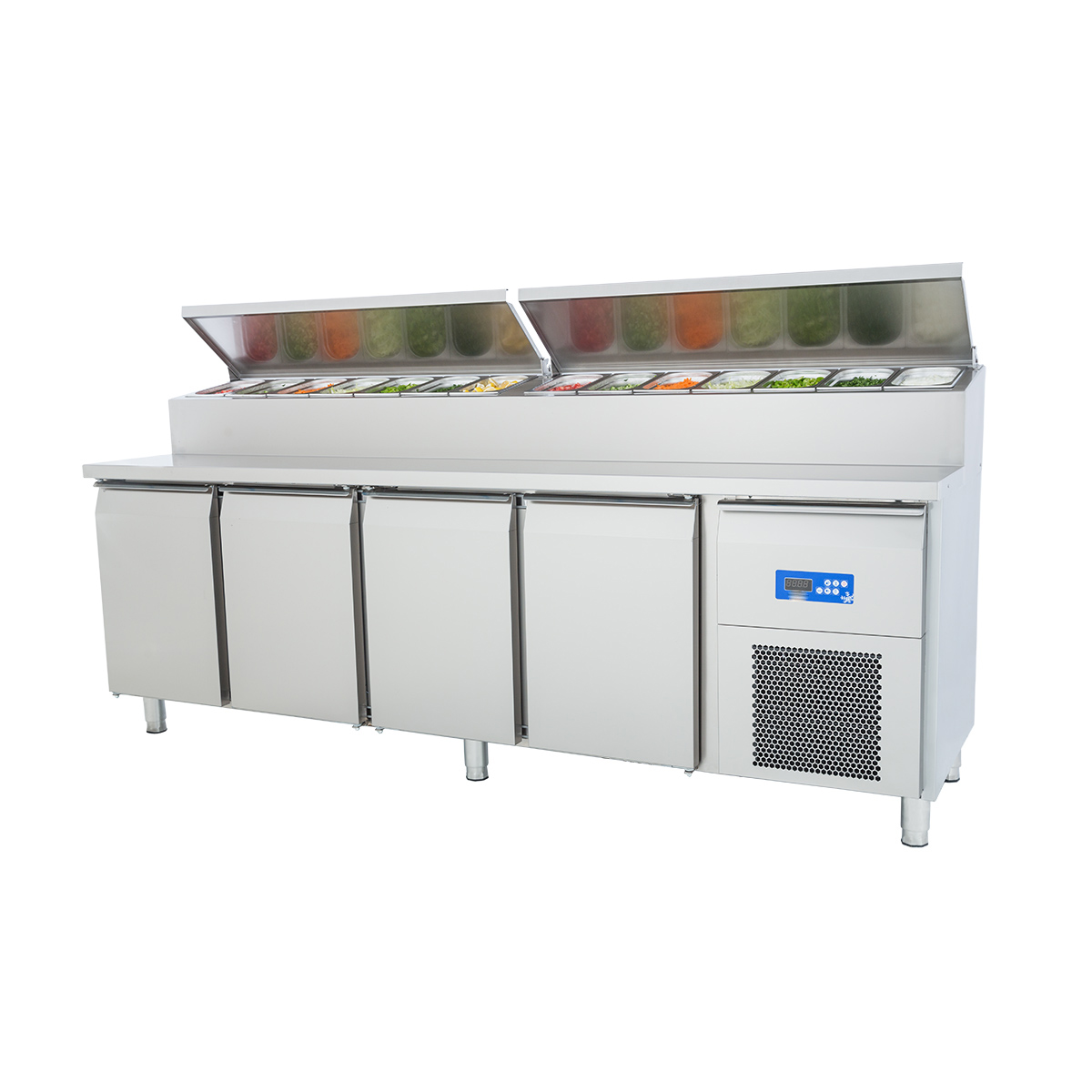 Four Stainless Steel Door Refrigerator with Pizza Preparation TableElectric