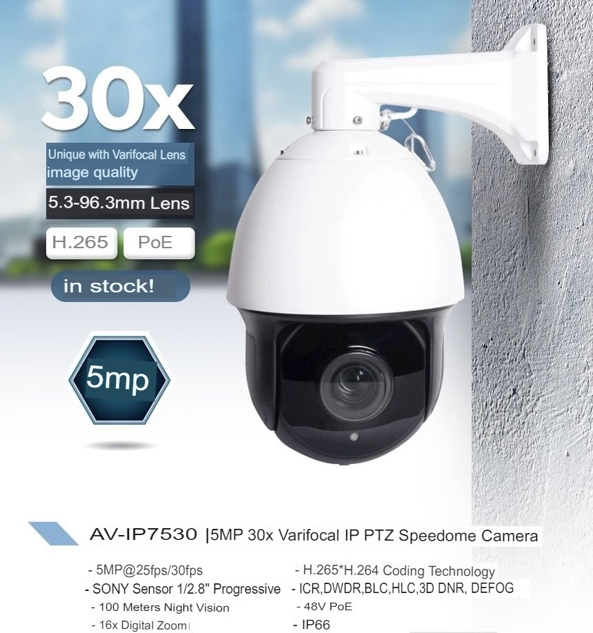 5 MP F=5.3mm -96.3mm Varical Lens 30X IP PTZ Speedome Camera AV-IP7530