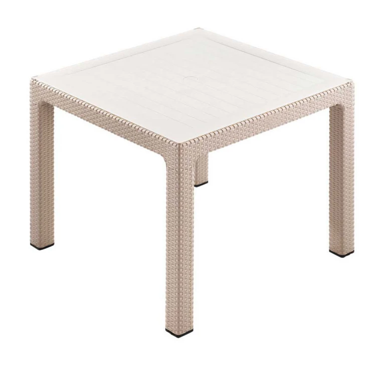 90x90 Glass Rattan Look PP Plastic Table Cream