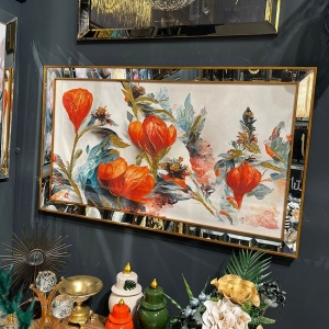ORANGE FLOWER PAINTING WITH MIRROR FRAME